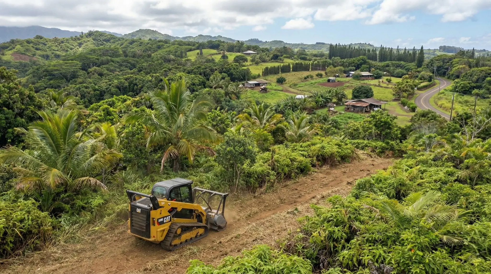 Aerial view of forestry mulching work in Maui