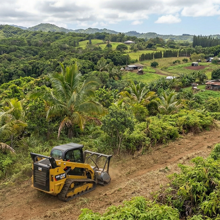 CAT mulcher clearing land with Maui valley view